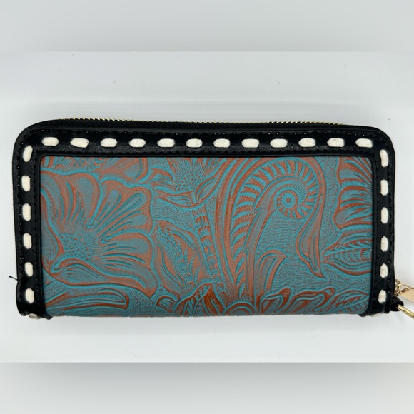 Western Style Floral Tooled PU Leather Wristlet Wallet - Large Capacity Gift - Picture 7 of 8